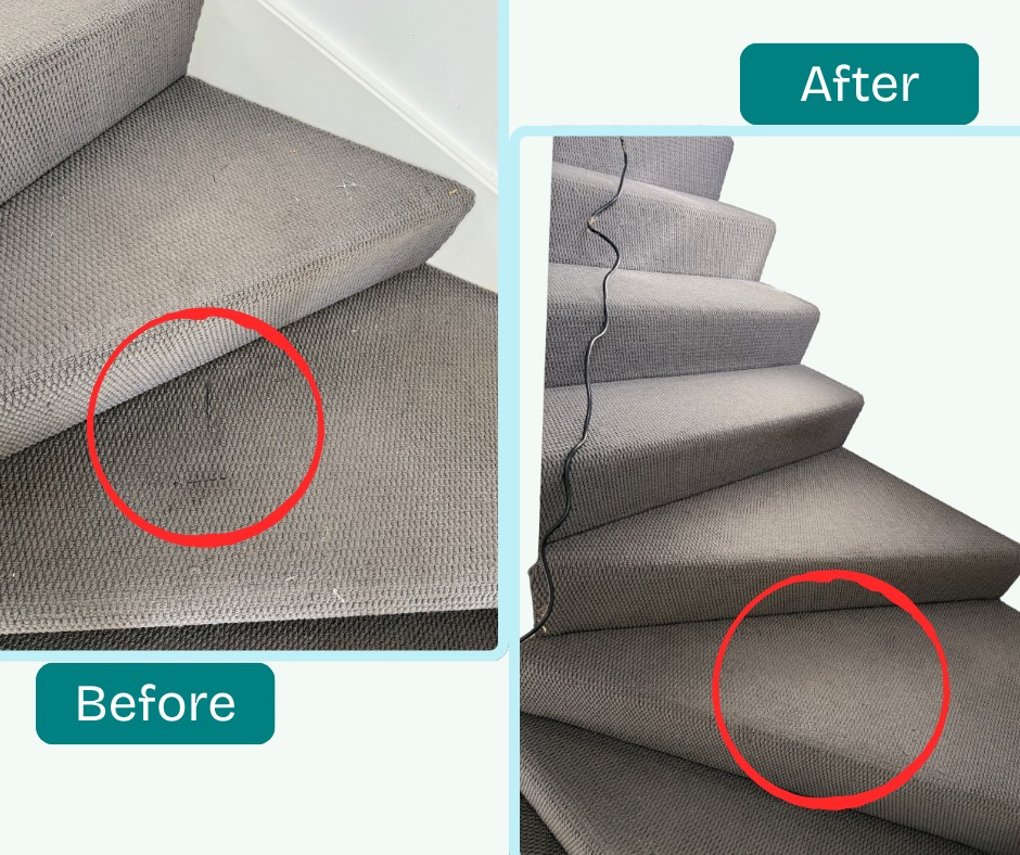 Carpet patch repair before and after in a stairwell