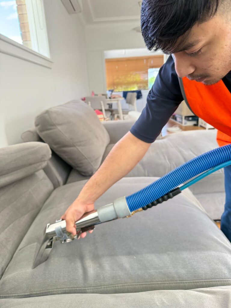 Man Cleaning a couch with a streamer